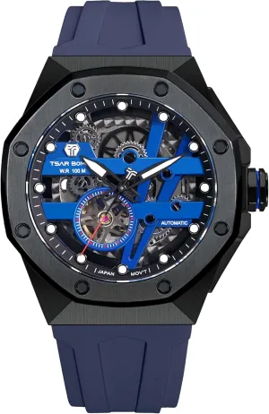 Mechanical Men's Automatic Skeleton Watch, 100M Waterproof Wrist Watch Analogue Display Octagon Dial Watches Dress Luxury Self Wind Watch with FKM Rubber Bracelet mandate engraving flint mammoth Strap Watch for Men 