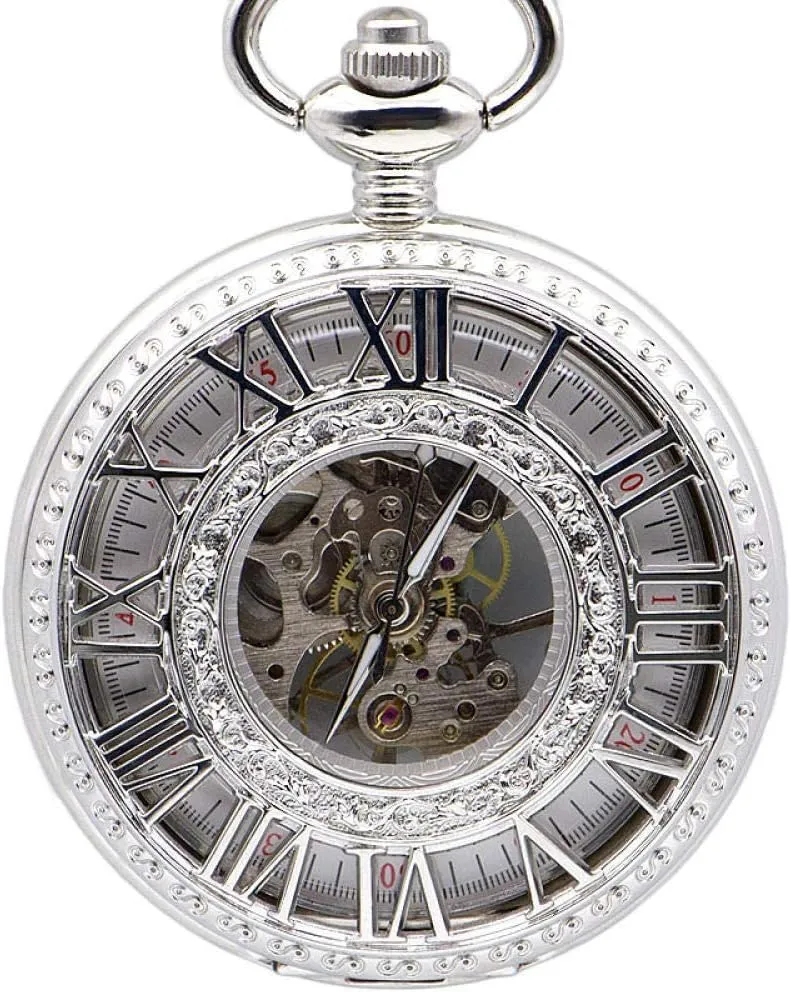 Mechanical Pocket Watch Chain Fashion Silver Skeleton parasitism Carving Men Fob Watches Pocket Watch Luxury Hand Winding 