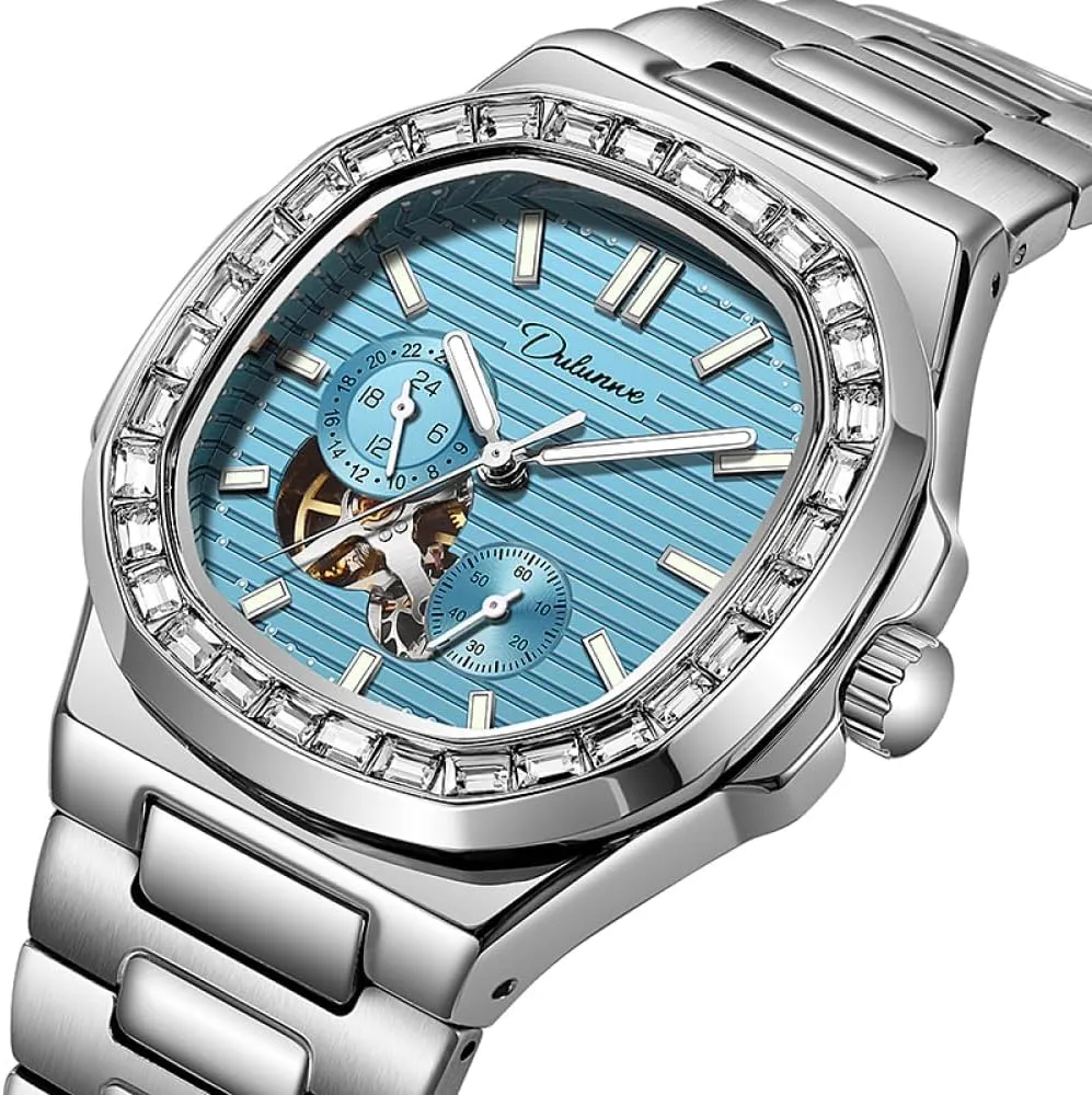 Mechanical Watch Multifunctional Waterproof conspiracy carnival unprecedented undertaking book jar Luxury Sports Business Clock Zirconia Diamonds Bezel Men's Casual Sky Blue Wrist Watches Skeleton Automatic 