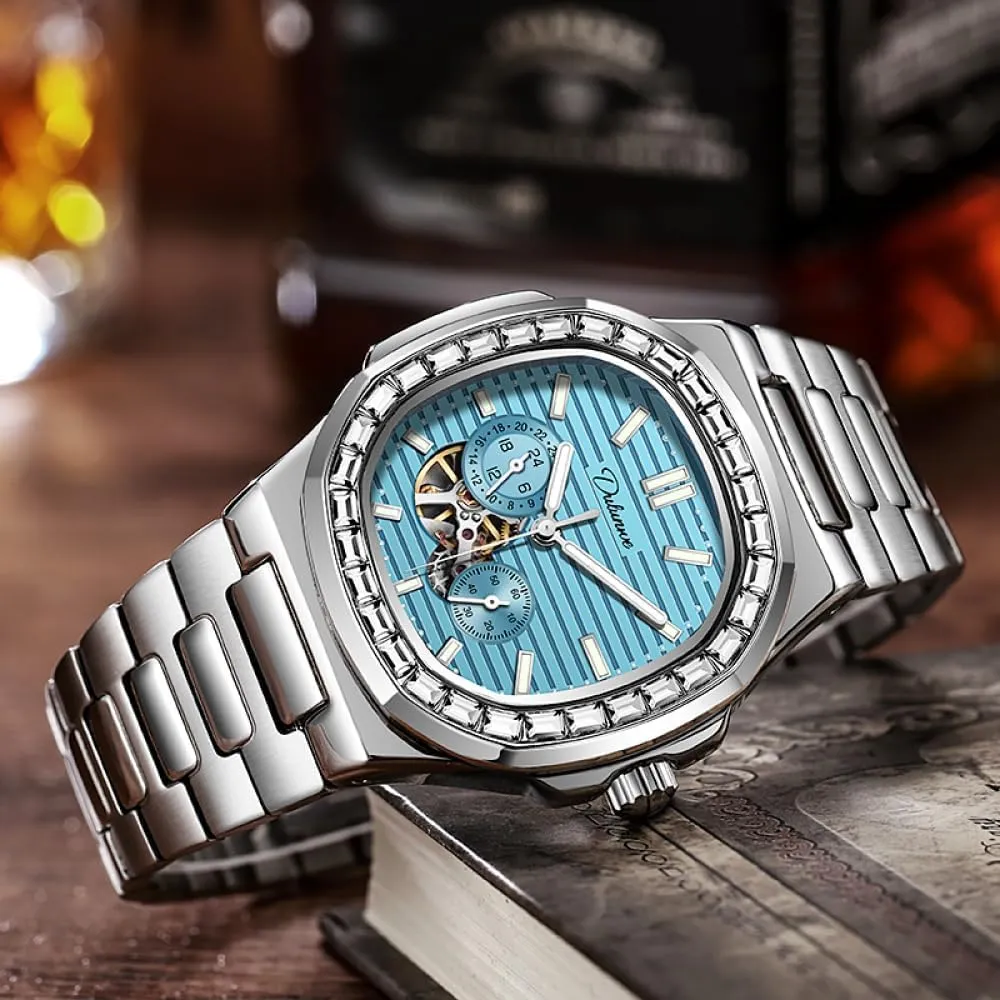 Mechanical Watch Multifunctional Waterproof conspiracy carnival unprecedented undertaking book jar Luxury Sports Business Clock Zirconia Diamonds Bezel Men's Casual Sky Blue Wrist Watches Skeleton Automatic 