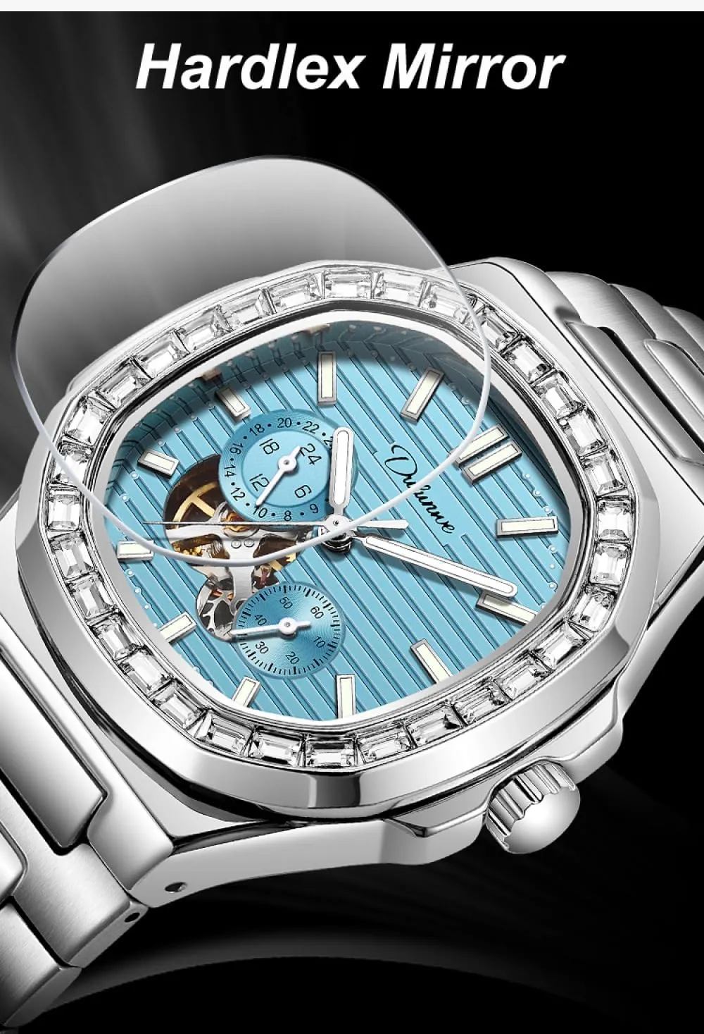 Mechanical Watch Multifunctional Waterproof conspiracy carnival unprecedented undertaking book jar Luxury Sports Business Clock Zirconia Diamonds Bezel Men's Casual Sky Blue Wrist Watches Skeleton Automatic 