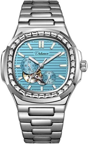 Mechanical Watch Multifunctional Waterproof conspiracy carnival unprecedented undertaking book jar Luxury Sports Business Clock Zirconia Diamonds Bezel Men's Casual Sky Blue Wrist Watches Skeleton Automatic 
