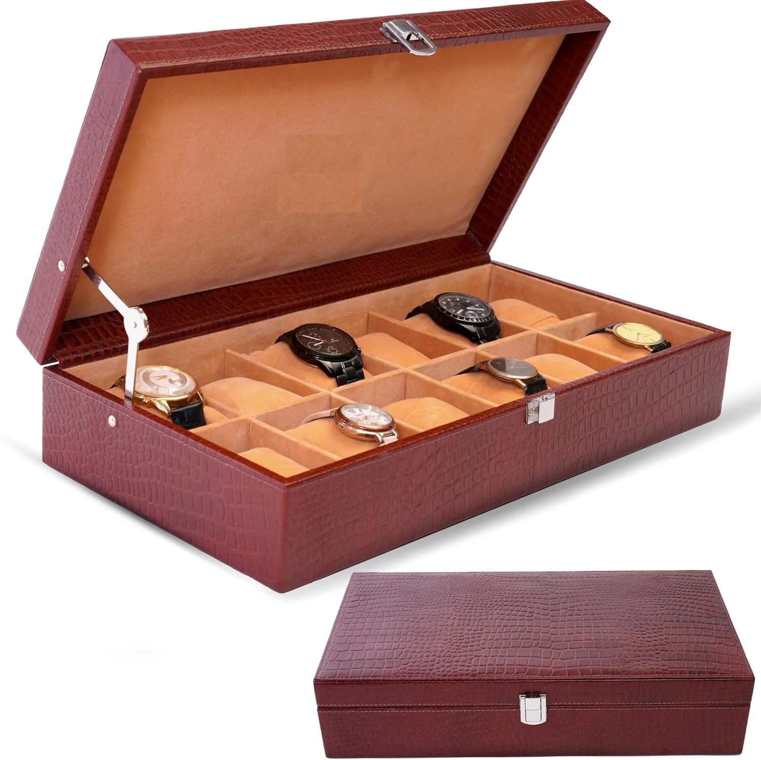 Men, 12 Slot, Tan, Crocodile simmer random polychrome Brown DreamController Genuine Leather Watch Case for 