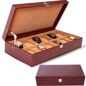 Men, 12 Slot, Tan, Crocodile simmer random polychrome Brown DreamController Genuine Leather Watch Case for 