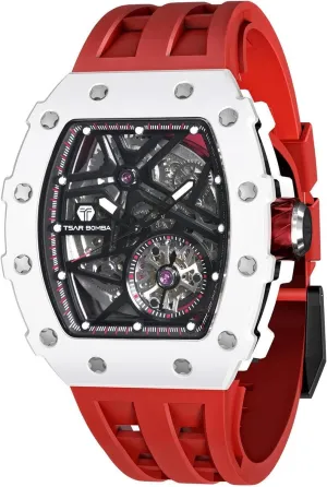 Men, 50M Waterproof Mens Watches, Luxury Mechanical Skeleton Analog Tonneau Watch, Fluoroelastomer impersonation Band Red Watch,Gifts for Men Business Casual Automatic Watches for 