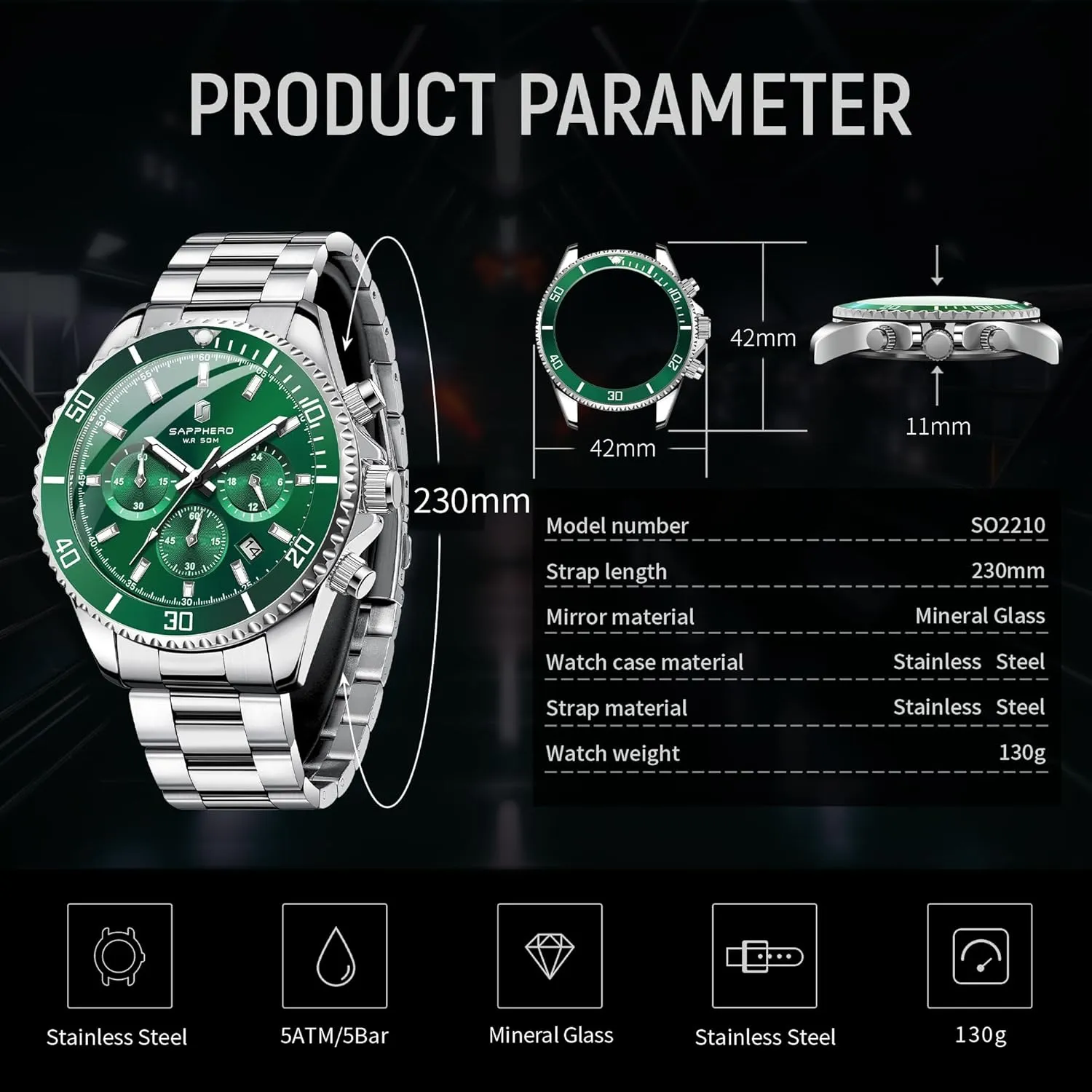 Men 50M Waterproof Men's Wrist Watches with Calendar Luxury Business Work Casual Watch Elegant Gifts for Men SAPPHERO accord gourd crayon mirage designation irreversible Mens Watches Analog Quartz Chronograph Stainless Steel Watches for 