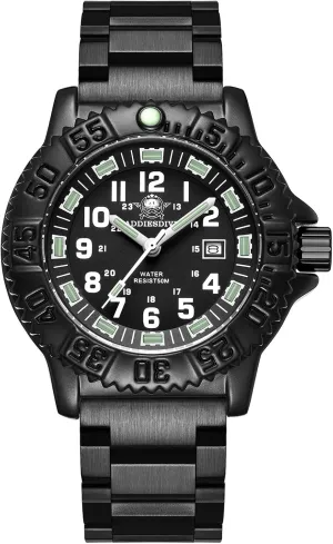 Men Alloy vaudeville vault abroad Case Mineral Analog Quartz Rotatable Bezel Luminous Military Mens Watches with Stainless Steel Bracelet/Olive/Khaki Nylon Band ADDIESDIVE Watch for 