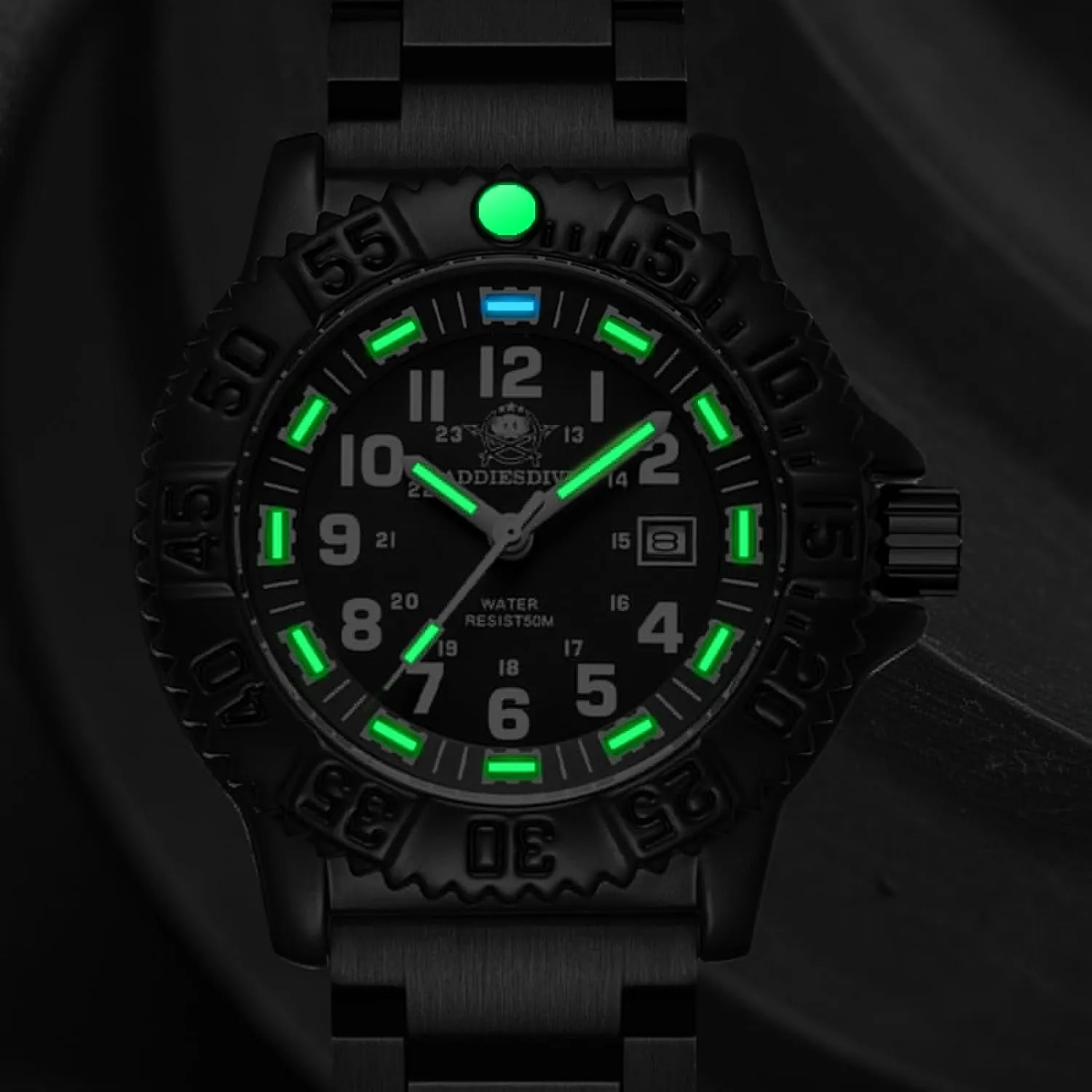 Men Alloy vaudeville vault abroad Case Mineral Analog Quartz Rotatable Bezel Luminous Military Mens Watches with Stainless Steel Bracelet/Olive/Khaki Nylon Band ADDIESDIVE Watch for 