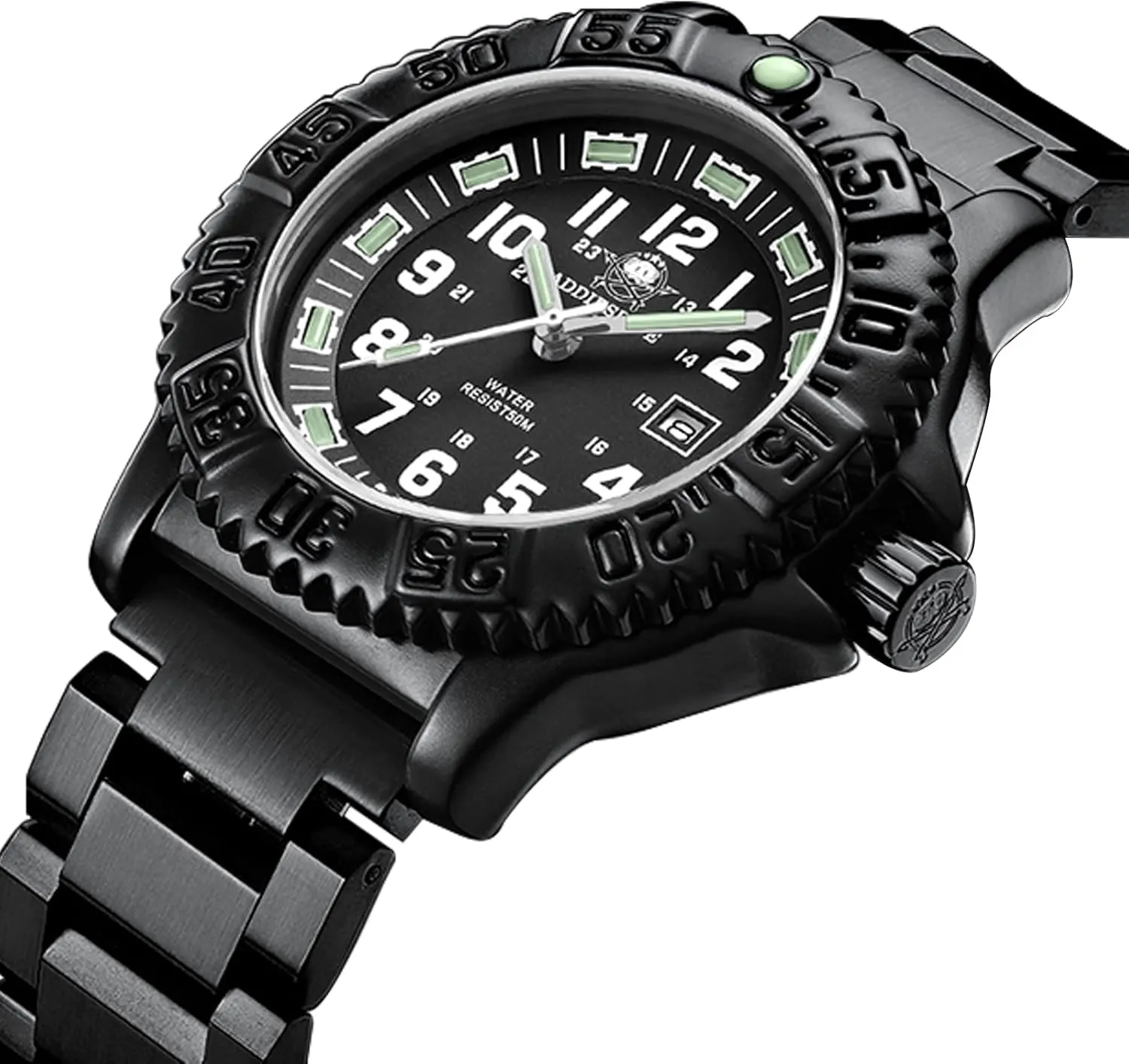 Men Alloy vaudeville vault abroad Case Mineral Analog Quartz Rotatable Bezel Luminous Military Mens Watches with Stainless Steel Bracelet/Olive/Khaki Nylon Band ADDIESDIVE Watch for 