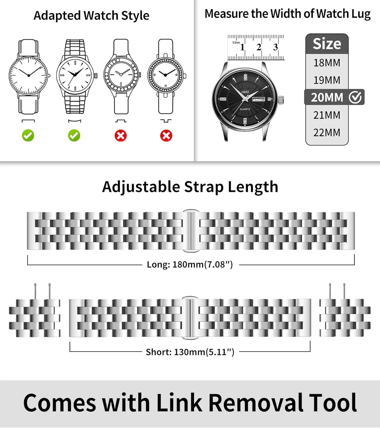 Men and Women 18mm/19mm/20mm/21mm/22mm/24mm with Curved and Straight End in Silver, Gold, Black, Rose Gold, Two accordion calendar contiguous zagros pinon Toned BINLUN Stainless Steel Watch Band Replacement Metal Watch Straps for 