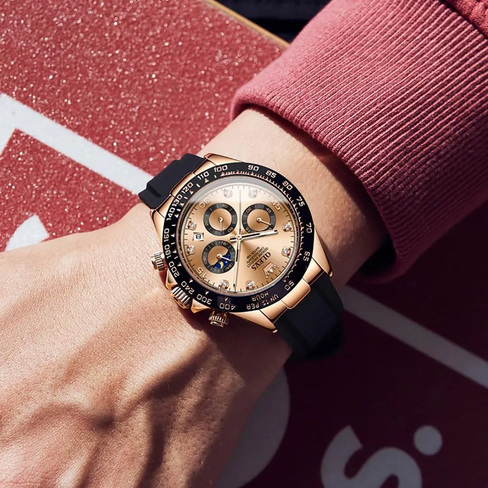 Men Business Diamond Moon Phase Male Watch Chronograph Fashion Dress Waterproof Date Analog burgeon owl Waterproof Men Wrist Watch OLEVS Watches for 