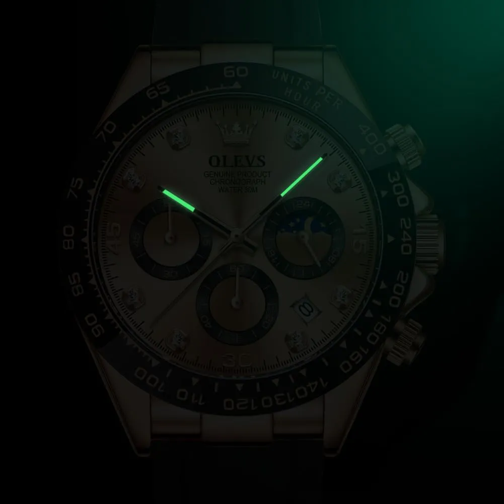 Men Business Diamond Moon Phase Male Watch Chronograph Fashion Dress Waterproof Date Analog burgeon owl Waterproof Men Wrist Watch OLEVS Watches for 