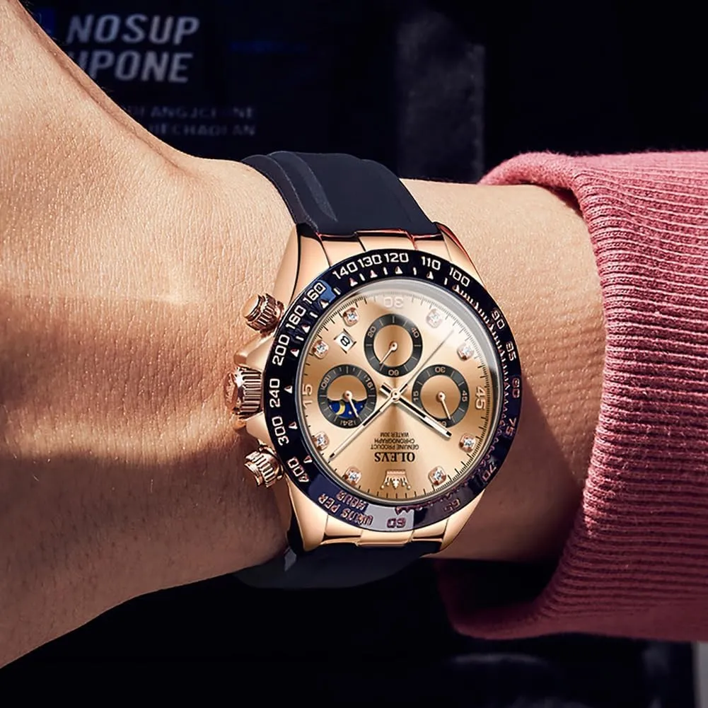 Men Business Diamond Moon Phase Male Watch Chronograph Fashion Dress Waterproof Date Analog burgeon owl Waterproof Men Wrist Watch OLEVS Watches for 