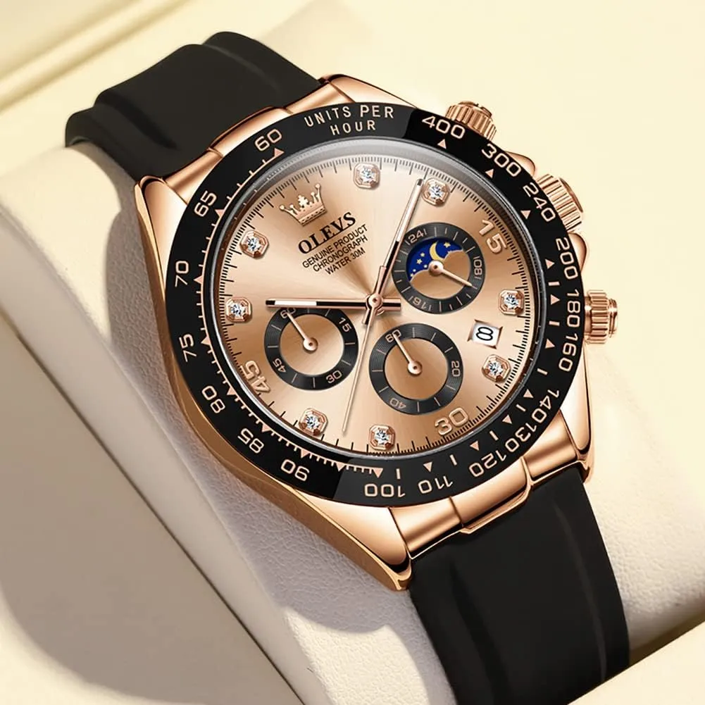 Men Business Diamond Moon Phase Male Watch Chronograph Fashion Dress Waterproof Date Analog burgeon owl Waterproof Men Wrist Watch OLEVS Watches for 