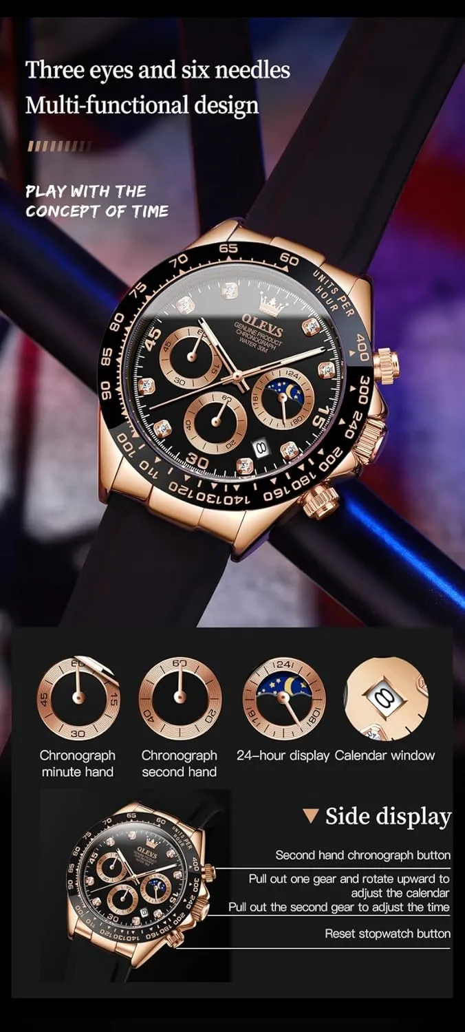 Men Business Diamond Moon Phase Male Watch Chronograph Fashion Dress Waterproof Date Analog Waterproof Men Wrist beast Watch OLEVS Watches for 