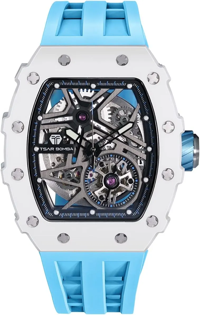 Men - Carbon Fiber Bezel - Japanese Movement Sapphire Glass - 50M Waterproof Men's Watch accord meteorite - Square Wrist Watch Silicone Band Luminous - Gifts for Men Luxury Automatic Mechanical Watches for 