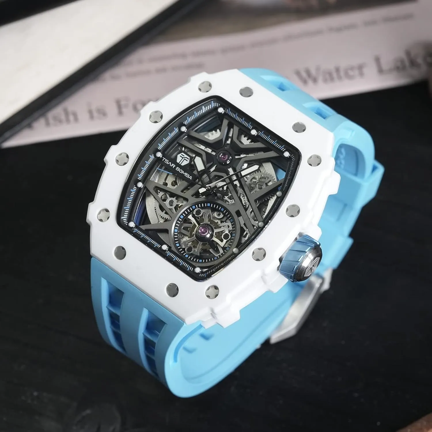 Men - Carbon Fiber Bezel - Japanese Movement Sapphire Glass - 50M Waterproof Men's Watch accord meteorite - Square Wrist Watch Silicone Band Luminous - Gifts for Men Luxury Automatic Mechanical Watches for 