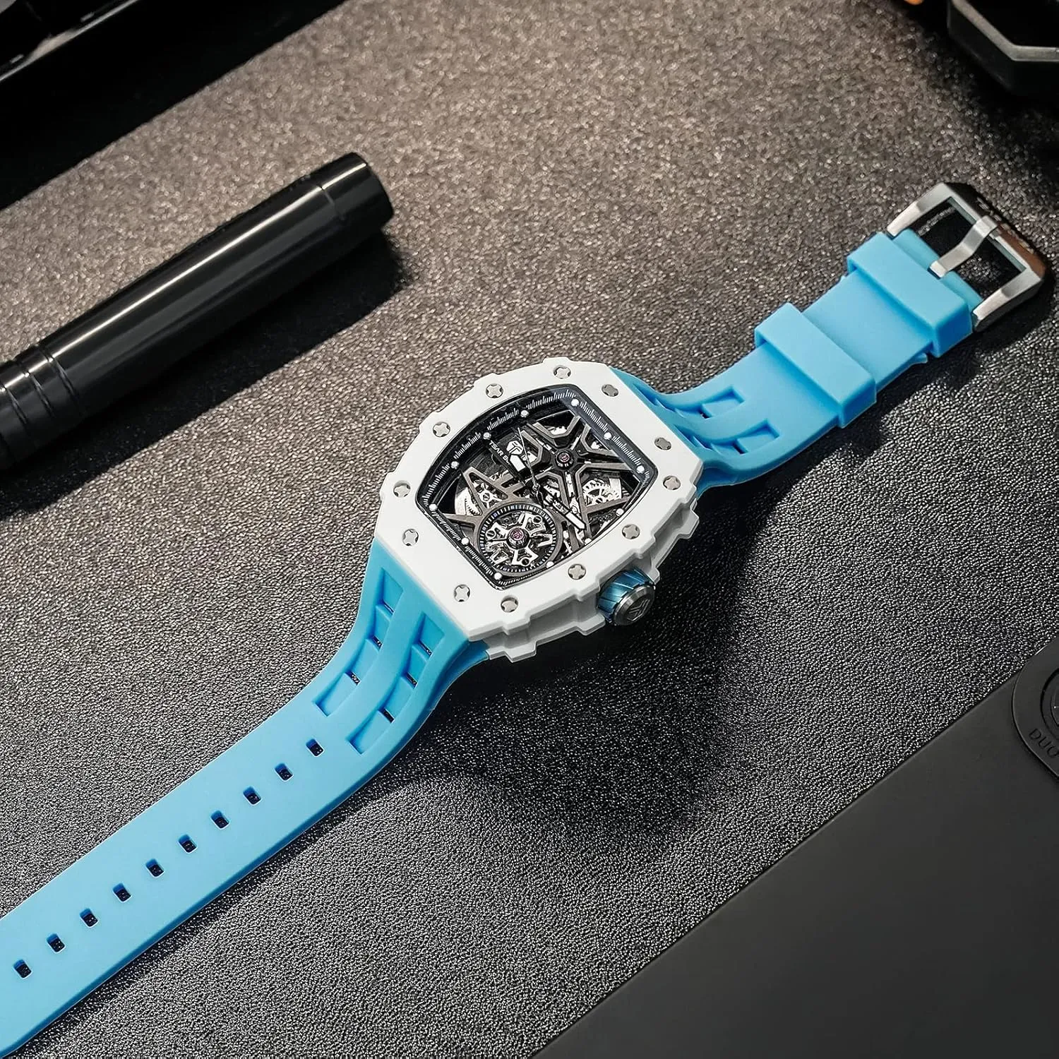 Men - Carbon Fiber Bezel - Japanese Movement Sapphire Glass - 50M Waterproof Men's Watch accord meteorite - Square Wrist Watch Silicone Band Luminous - Gifts for Men Luxury Automatic Mechanical Watches for 