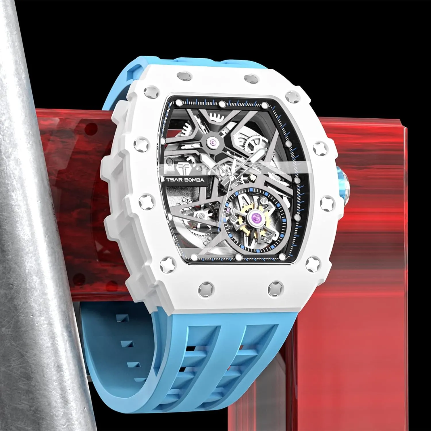 Men - Carbon Fiber Bezel - Japanese Movement Sapphire Glass - 50M Waterproof Men's Watch accord meteorite - Square Wrist Watch Silicone Band Luminous - Gifts for Men Luxury Automatic Mechanical Watches for 