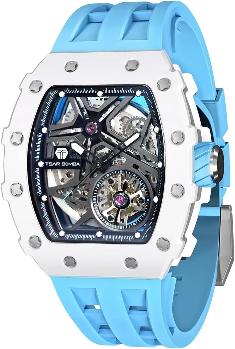 Men - Carbon Fiber Bezel - Japanese Movement Sapphire Glass - 50M Waterproof Men's Watch accord meteorite - Square Wrist Watch Silicone Band Luminous - Gifts for Men Luxury Automatic Mechanical Watches for 