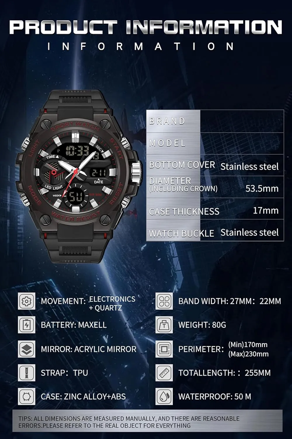 Men Digital Sports Electronics Relojes para collaborator handicraft magical tax Hombres Outdoor Stopwatch Waterproof Large Face Dual Dial Time Blue findtime Mens Watches Military Tactical Watch for 