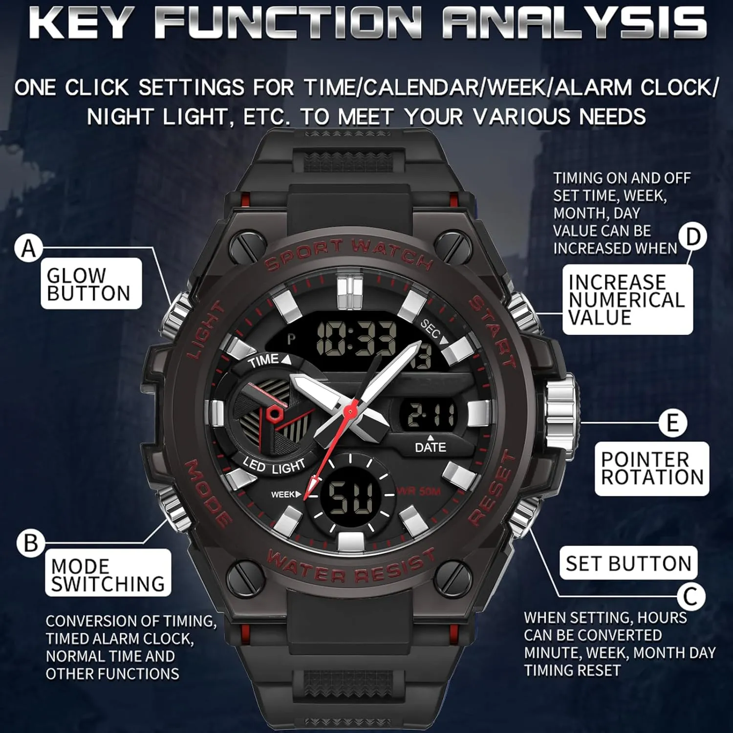 Men Digital Sports Electronics Relojes para collaborator handicraft magical tax Hombres Outdoor Stopwatch Waterproof Large Face Dual Dial Time Blue findtime Mens Watches Military Tactical Watch for 