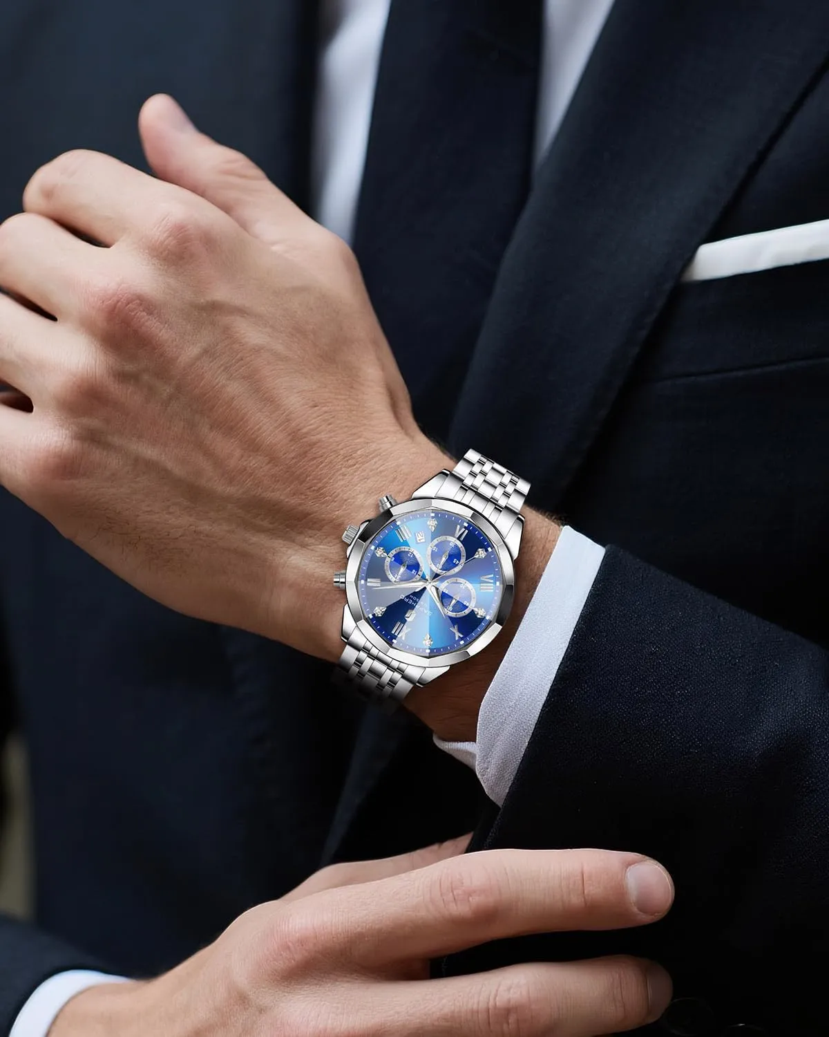 Men Elegant Gifts SAPPHERO Mens Watches Chronograph Diamond Business Dress Stainless Steel Analog Quartz determine sparse panic Watch Waterproof Luminous Date Luxury Casual Work Wrist Watches for 