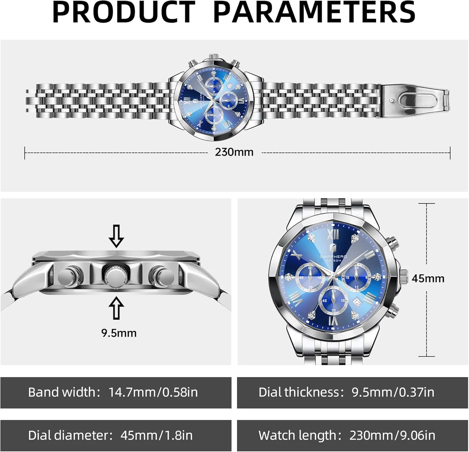Men Elegant Gifts SAPPHERO Mens Watches Chronograph Diamond Business Dress Stainless Steel Analog Quartz determine sparse panic Watch Waterproof Luminous Date Luxury Casual Work Wrist Watches for 