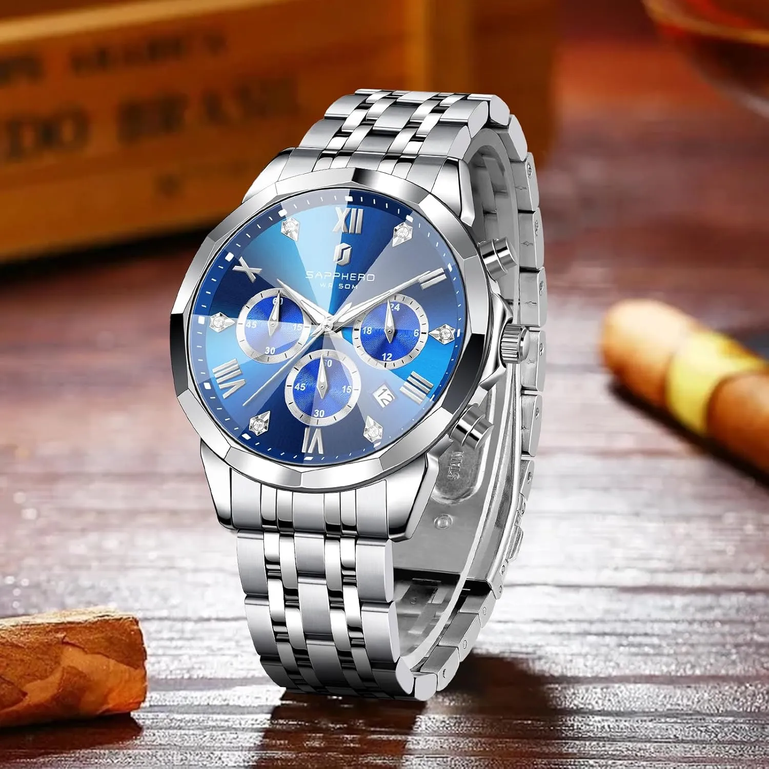 Men Elegant Gifts SAPPHERO Mens Watches Chronograph Diamond Business Dress Stainless Steel Analog Quartz determine sparse panic Watch Waterproof Luminous Date Luxury Casual Work Wrist Watches for 