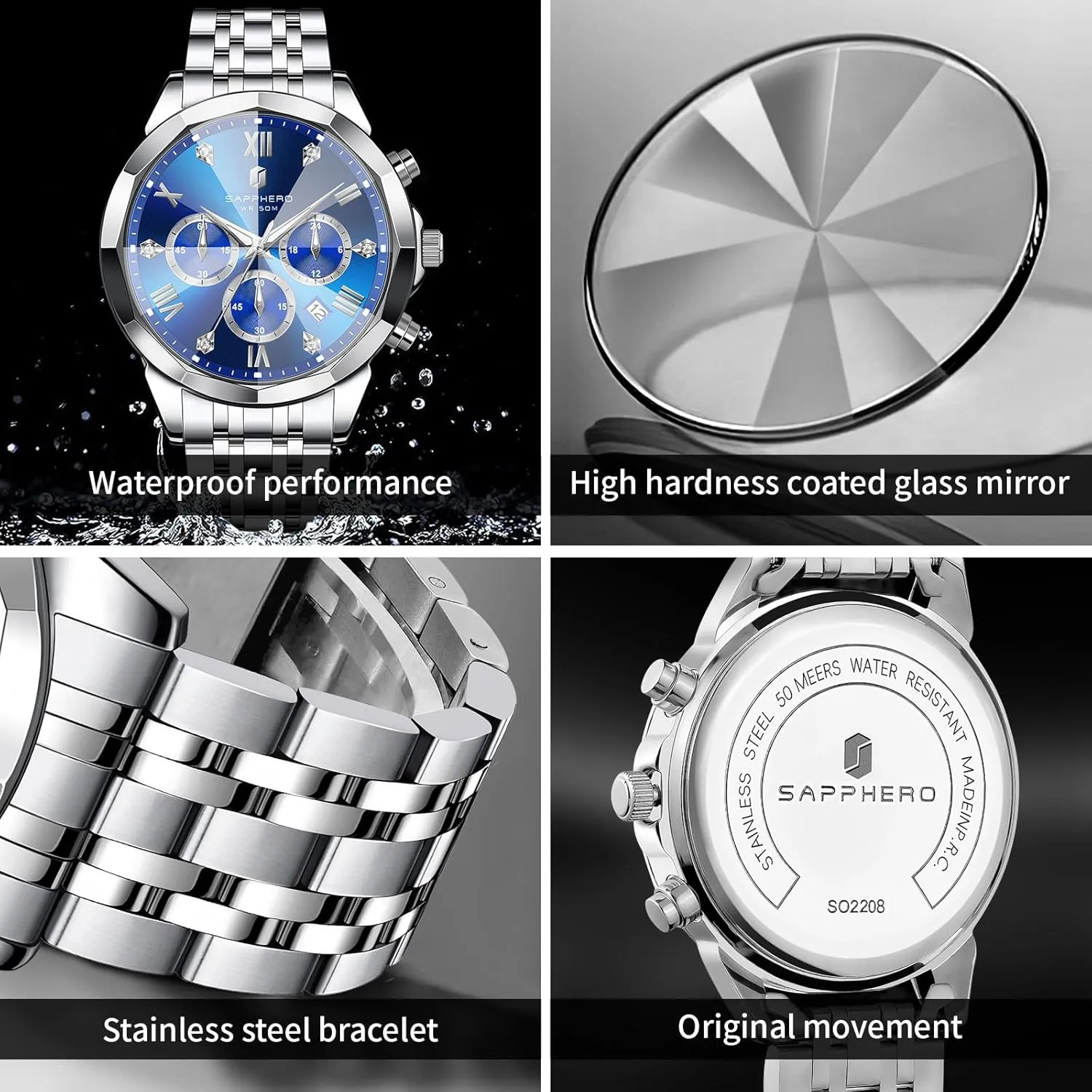 Men Elegant Gifts SAPPHERO Mens Watches Chronograph Diamond Business Dress Stainless Steel Analog Quartz determine sparse panic Watch Waterproof Luminous Date Luxury Casual Work Wrist Watches for 