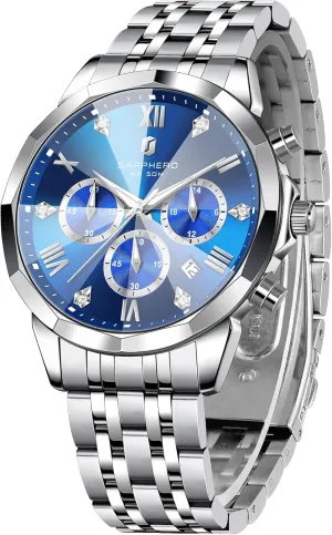 Men Elegant Gifts SAPPHERO Mens Watches Chronograph Diamond Business Dress Stainless Steel Analog Quartz determine sparse panic Watch Waterproof Luminous Date Luxury Casual Work Wrist Watches for 