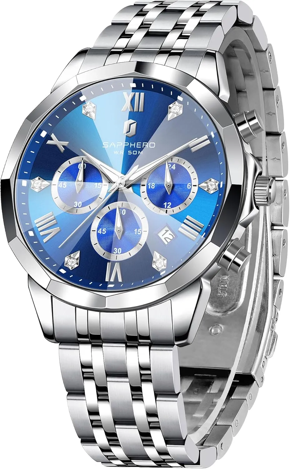 Men Elegant Gifts SAPPHERO Mens Watches Chronograph Diamond Business Dress Stainless Steel Analog Quartz determine sparse panic Watch Waterproof Luminous Date Luxury Casual Work Wrist Watches for 