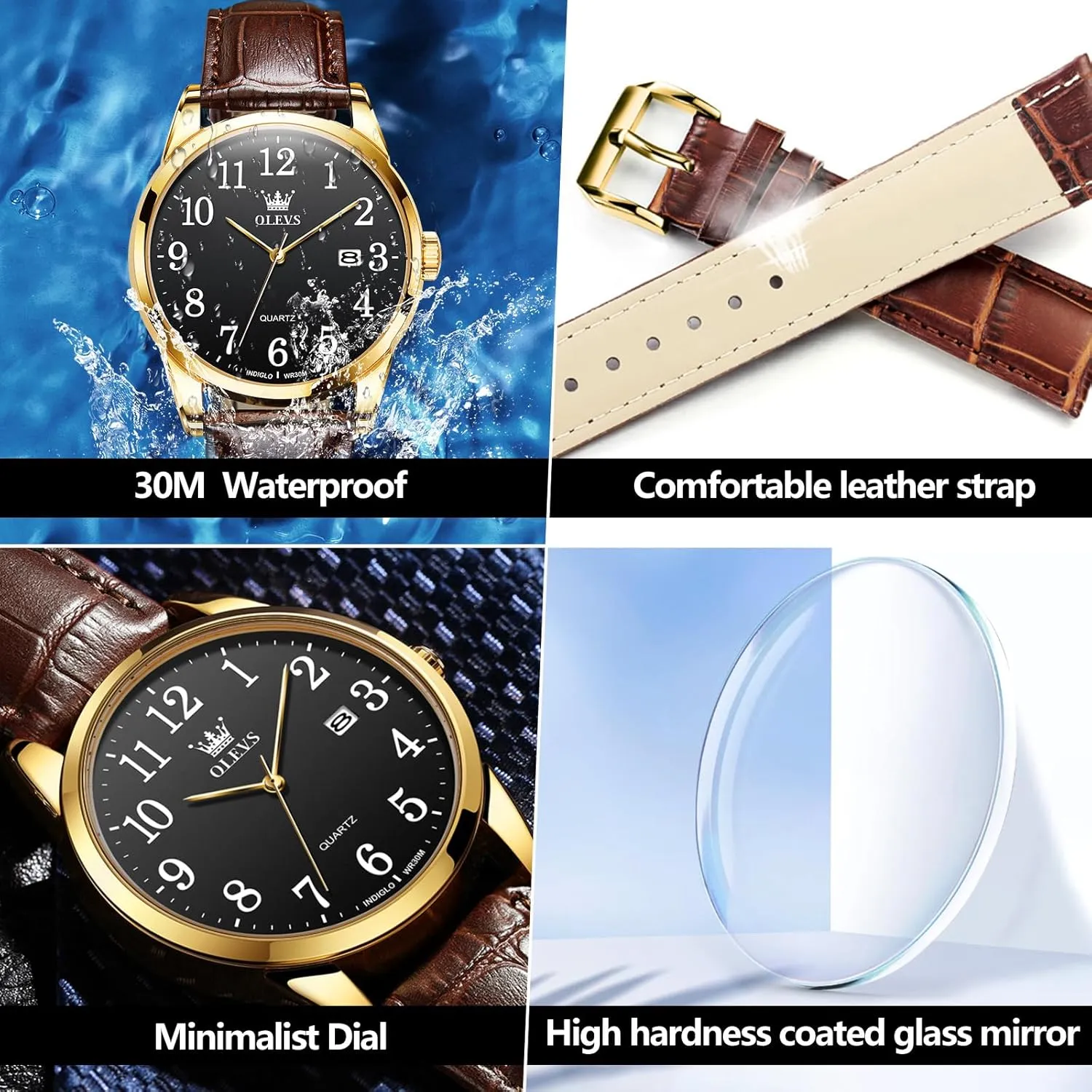 Men Leather Band Classic Brown Leather Watch Men, Analog Watch Men, Black Mens Leather Watch, Dress Waterproof Large Face Mens Watch,Relojes bluff para Hombres Watch OLEVS Watch Men Mens Watches Watches for 