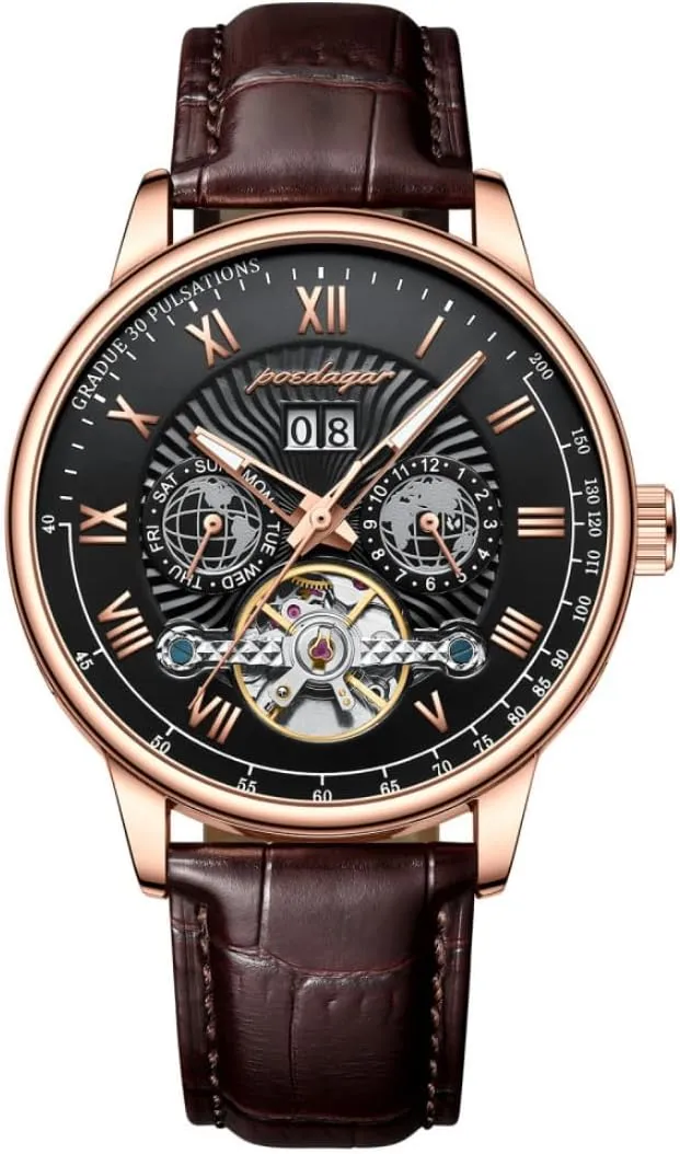 Men, Luxury rainforest generalist confinement Waterproof Complete Calendar&Week Dial, Leather Strap Fashion Wristwatch,Business Leisure Male Clock Hollowed Tourbillon Automatic Mechanical Watch for 