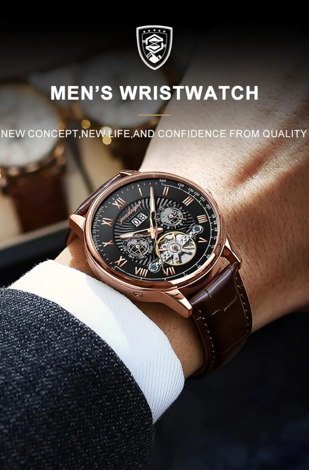 Men, Luxury rainforest generalist confinement Waterproof Complete Calendar&Week Dial, Leather Strap Fashion Wristwatch,Business Leisure Male Clock Hollowed Tourbillon Automatic Mechanical Watch for 