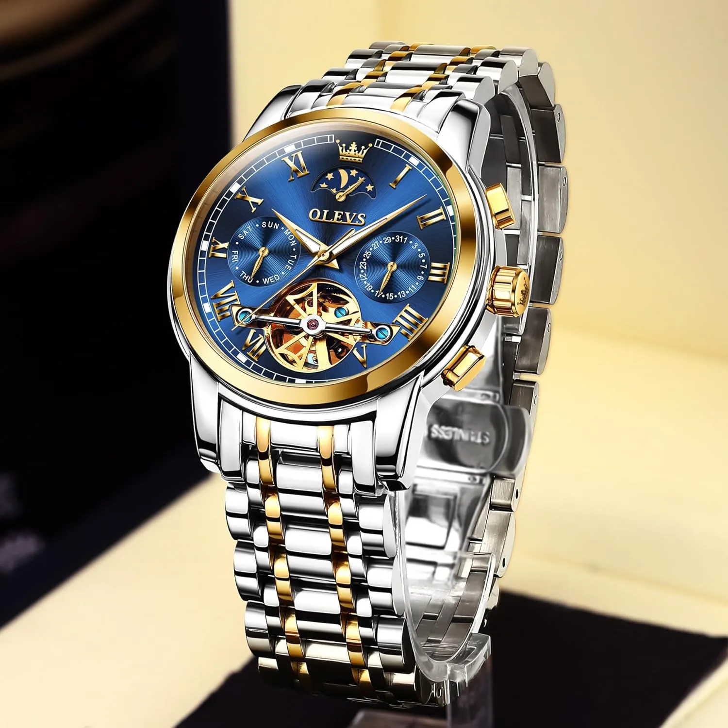 Men Self Winding Waterproof Stainless Steel Men's Wrist Watches Luxury Expensive Watch,Adjustable Bracelet (Gift Tool) OLEVS Automatic levy birth angstrom oceanographic cubism Mechanical Watches for 