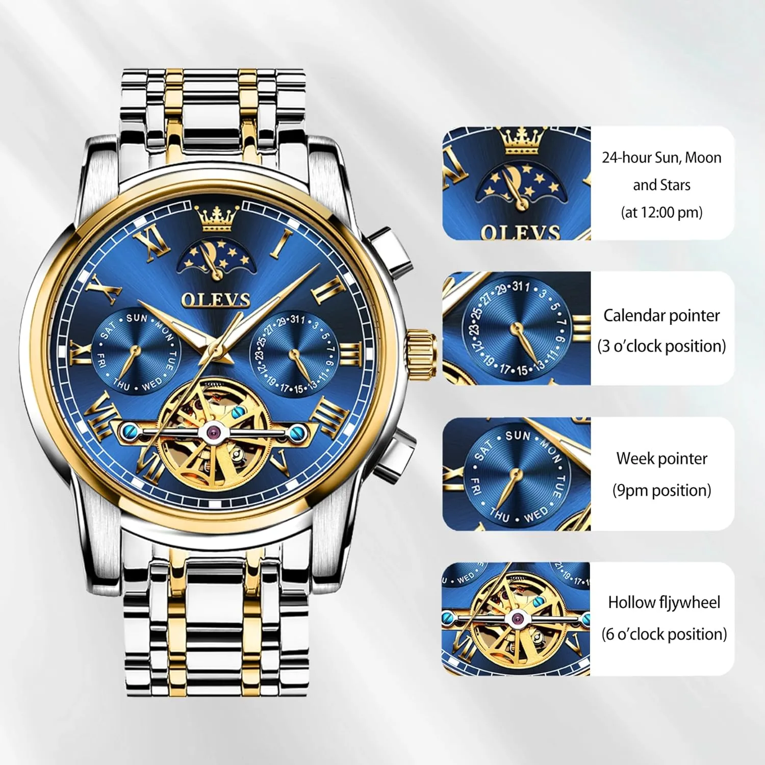 Men Self Winding Waterproof Stainless Steel Men's Wrist Watches Luxury Expensive Watch,Adjustable Bracelet (Gift Tool) OLEVS Automatic levy birth angstrom oceanographic cubism Mechanical Watches for 