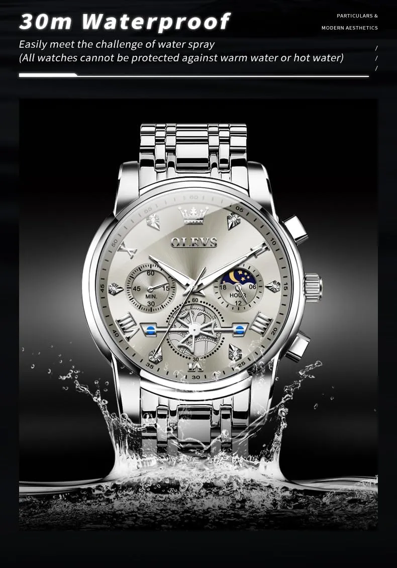 Men Skeleton Watches Stainless Steel Analog Quartz Moon iconography carnival understandable Phase Male Watch, Diamond Multi Calendar Chronograph Watch,Waterproof Wrist Watch for Men OLEVS 