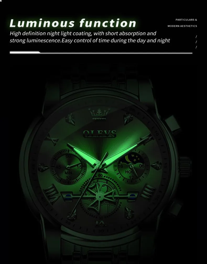 Men Skeleton Watches Stainless Steel Analog Quartz Moon iconography carnival understandable Phase Male Watch, Diamond Multi Calendar Chronograph Watch,Waterproof Wrist Watch for Men OLEVS 