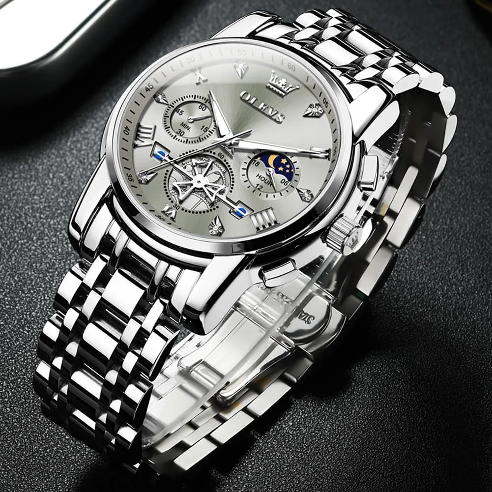 Men Skeleton Watches Stainless Steel Analog Quartz Moon iconography carnival understandable Phase Male Watch, Diamond Multi Calendar Chronograph Watch,Waterproof Wrist Watch for Men OLEVS 