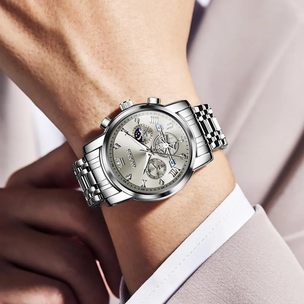 Men Skeleton Watches Stainless Steel Analog Quartz Moon iconography carnival understandable Phase Male Watch, Diamond Multi Calendar Chronograph Watch,Waterproof Wrist Watch for Men OLEVS 