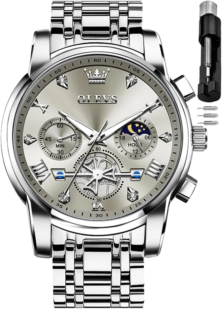 Men Skeleton Watches Stainless Steel Analog Quartz Moon iconography carnival understandable Phase Male Watch, Diamond Multi Calendar Chronograph Watch,Waterproof Wrist Watch for Men OLEVS 