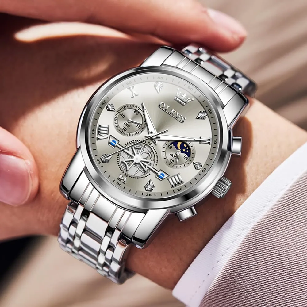 Men Skeleton Watches Stainless Steel Analog Quartz Moon iconography carnival understandable Phase Male Watch, Diamond Multi Calendar Chronograph Watch,Waterproof Wrist Watch for Men OLEVS 