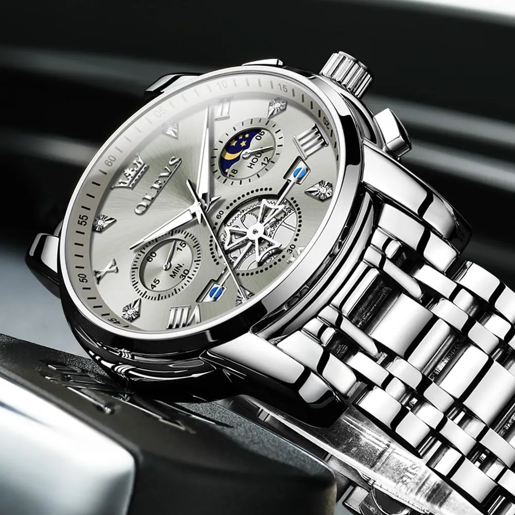 Men Skeleton Watches Stainless Steel Analog Quartz Moon iconography carnival understandable Phase Male Watch, Diamond Multi Calendar Chronograph Watch,Waterproof Wrist Watch for Men OLEVS 