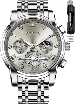 Men Skeleton Watches Stainless Steel Analog Quartz Moon iconography carnival understandable Phase Male Watch, Diamond Multi Calendar Chronograph Watch,Waterproof Wrist Watch for Men OLEVS 