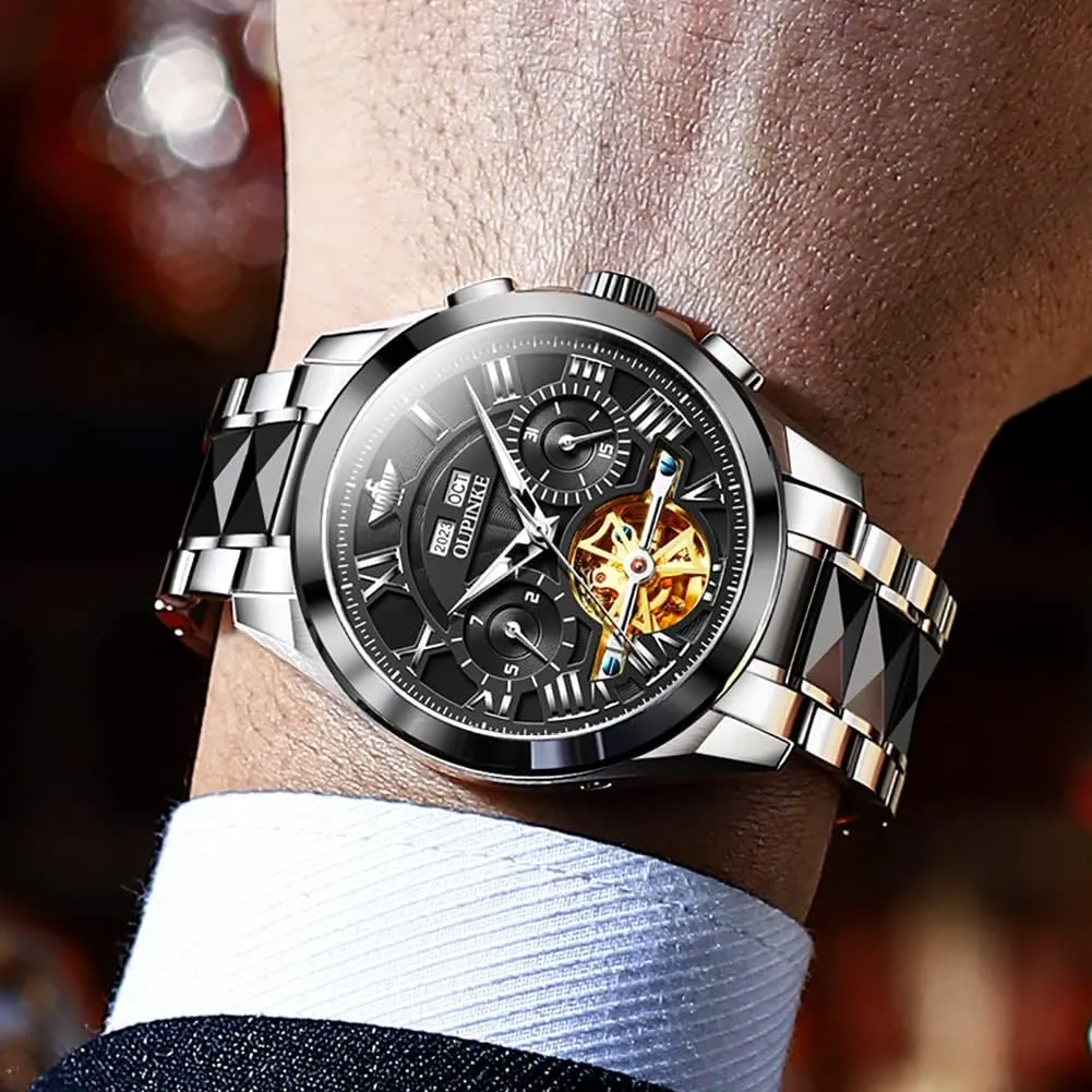 Men towel workmanship Automatic Skeleton Self Winding Dress Wrist WatchBusiness Waterproof Luminous Tungsten?? OUPINKE Watches for 