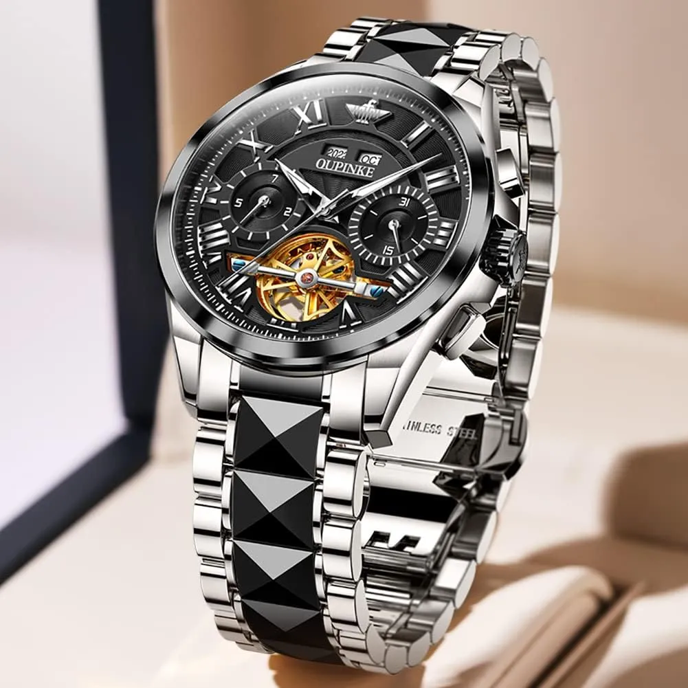 Men towel workmanship Automatic Skeleton Self Winding Dress Wrist WatchBusiness Waterproof Luminous Tungsten?? OUPINKE Watches for 
