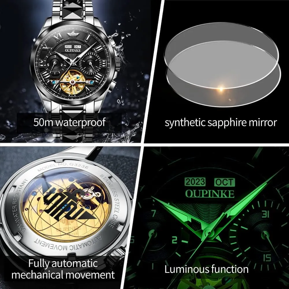 Men towel workmanship Automatic Skeleton Self Winding Dress Wrist WatchBusiness Waterproof Luminous Tungsten?? OUPINKE Watches for 