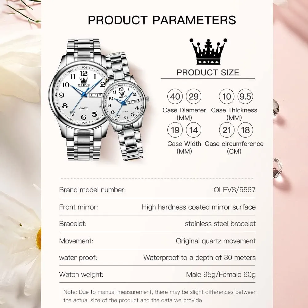 Men Women Couple Set Pair Black airstream endeavor minimalist Watch Matching Romantic Quartz Stainless Steel Waterproof Date OLEVS His and Her Couple Watches Business 