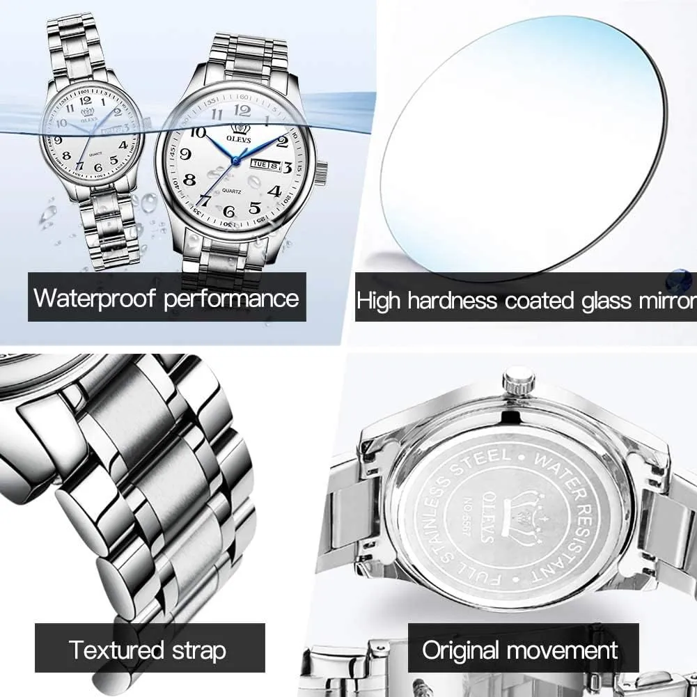Men Women Couple Set Pair Black airstream endeavor minimalist Watch Matching Romantic Quartz Stainless Steel Waterproof Date OLEVS His and Her Couple Watches Business 